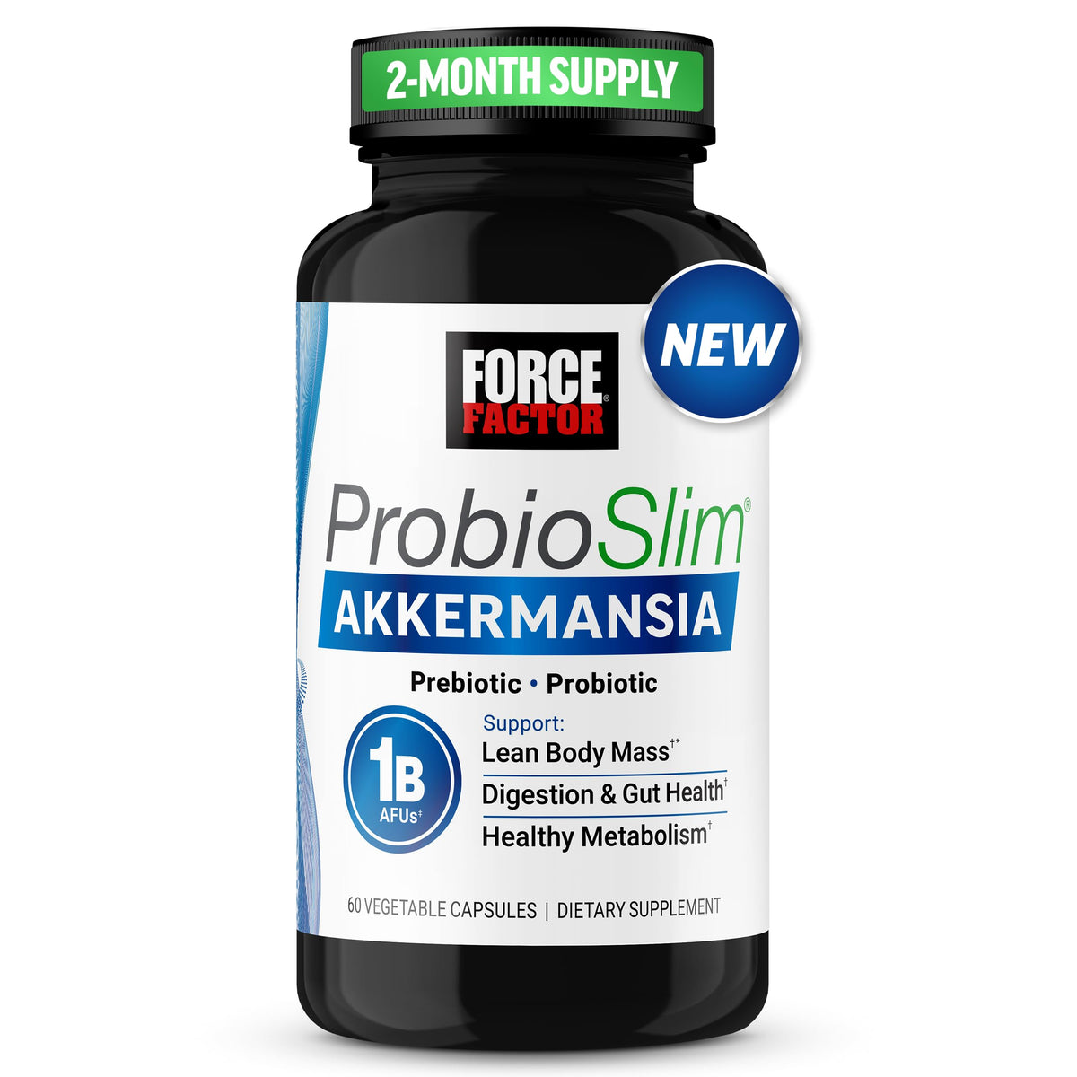 Force Factor ProbioSlim Akkermansia bottle shows gut health support.