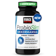 Force Factor ProbioSlim Akkermansia bottle shows gut health support.