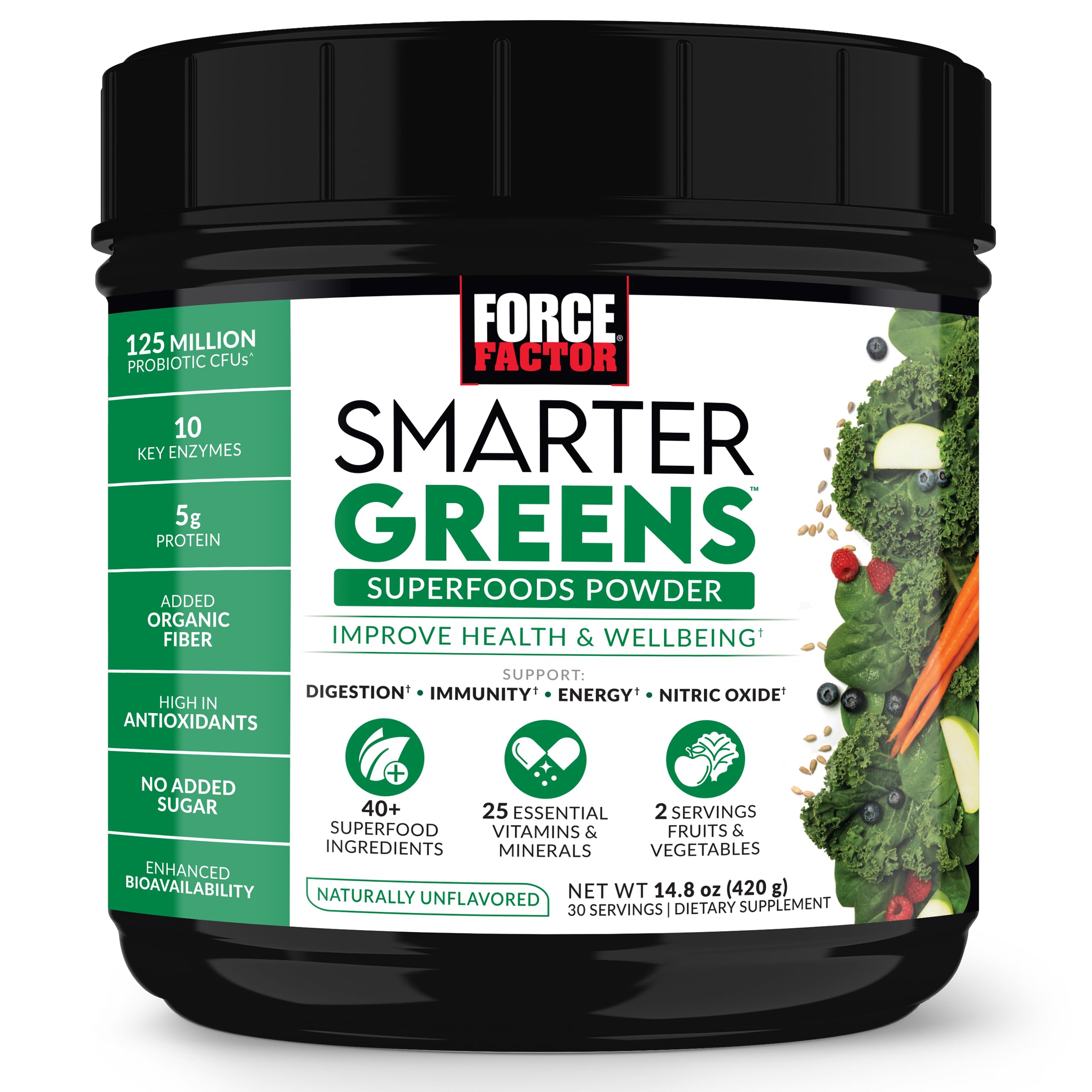 Force Factor Smarter Greens bottle pour suggesting easy daily greens for energy