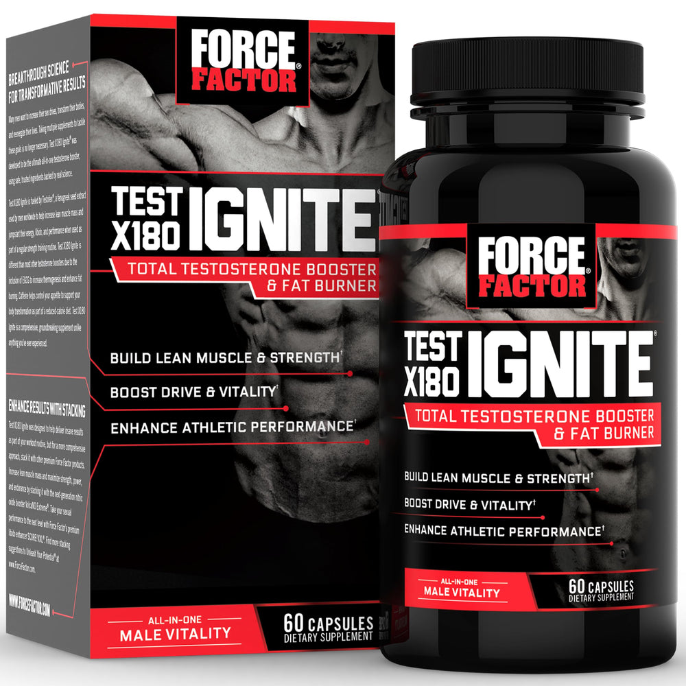 Force Factor Test X180 Ignite bottle label showcases premium testosterone booster for lean muscle support