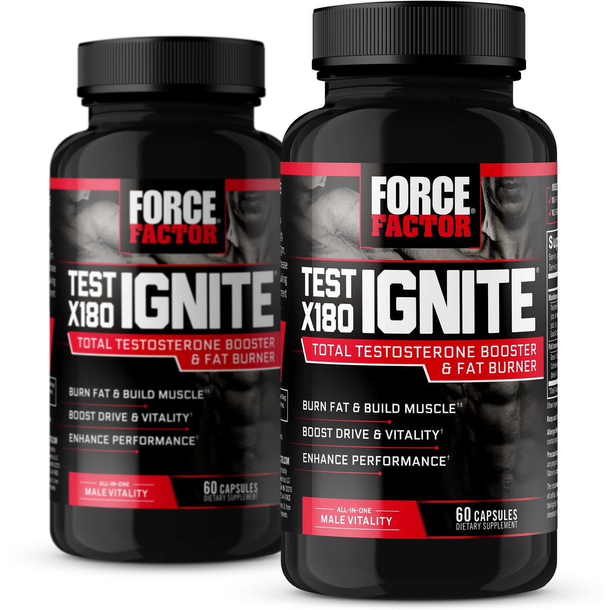 Force Factor Test X180 Ignite bottle on a gym bench signaling workout energy.