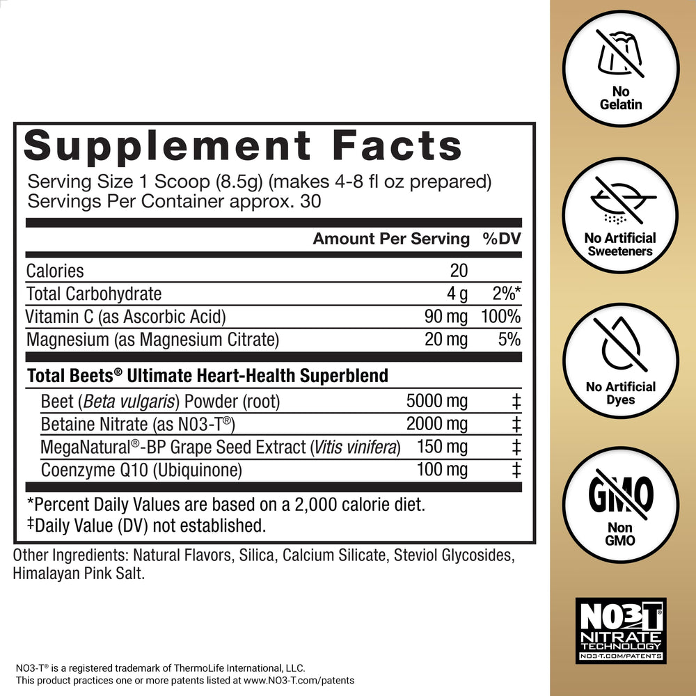 Close-up of the Total Beets label indicating USA-made and third-party testing.