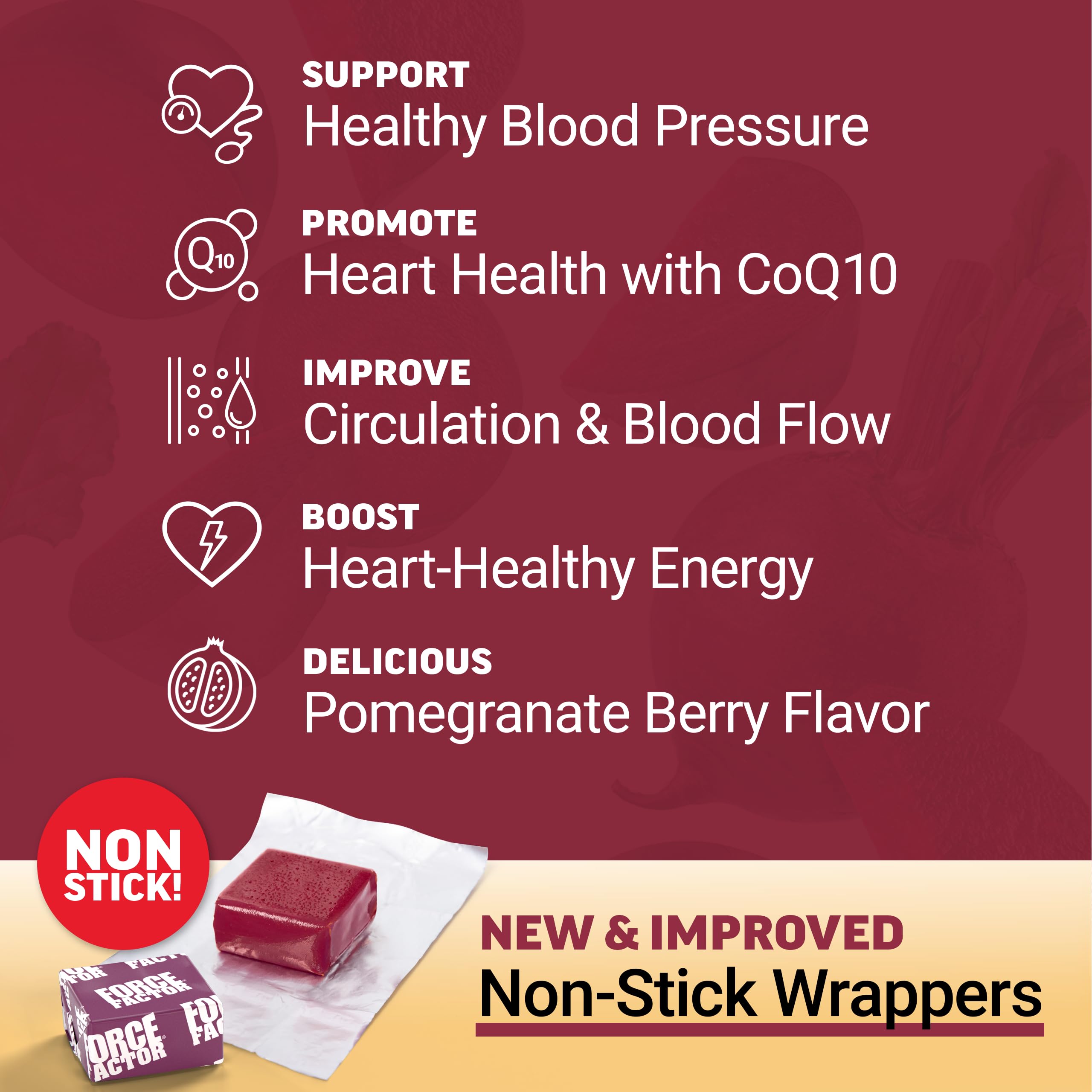 Force Factor Total Beets close-up chews showing a tasty heart health snack.