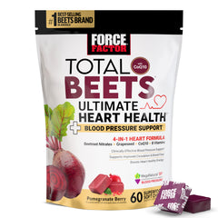 Force Factor Total Beets soft chews with berry flavor, supporting heart health and energy.