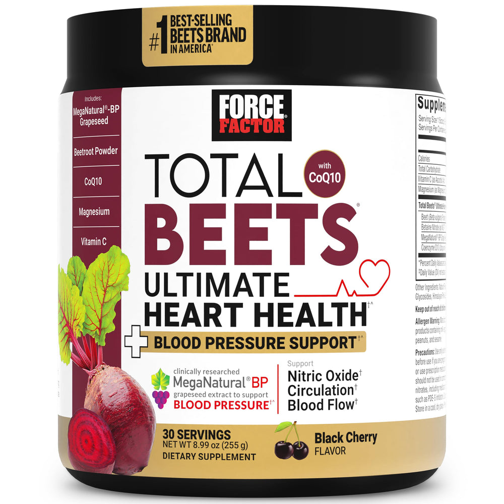 Force Factor Total Beets Ultimate Heart Health bottle showing the 4-in-1 formula for daily support.