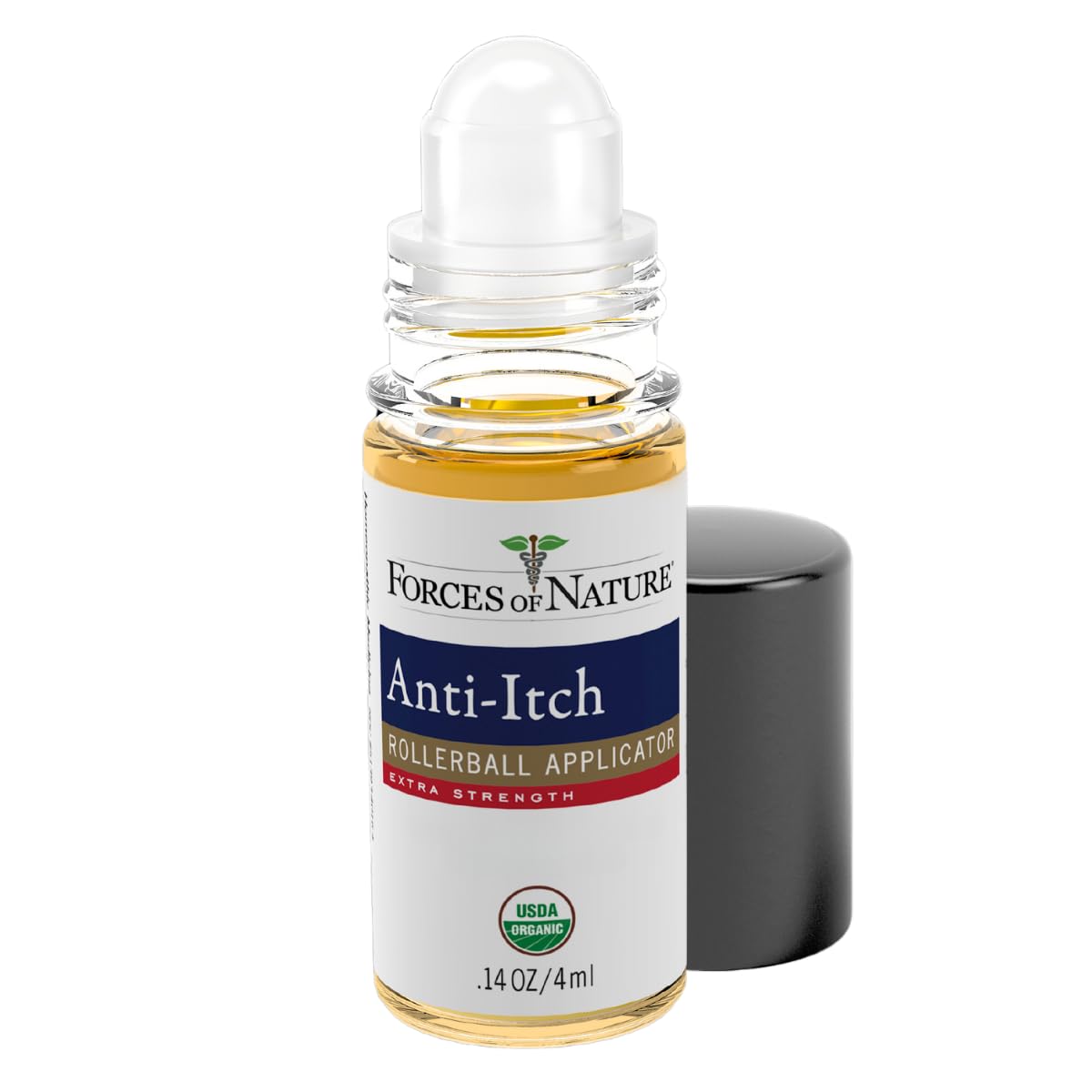 Close-up of Forces of Nature anti-itch roll-on application soothing irritated skin.