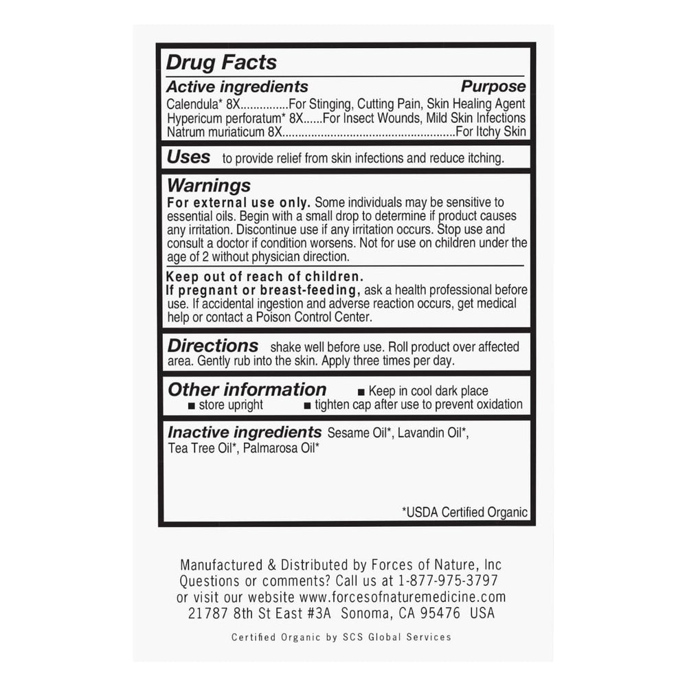 Forces of Nature anti-itch roll-on label highlights organic ingredients and strength.