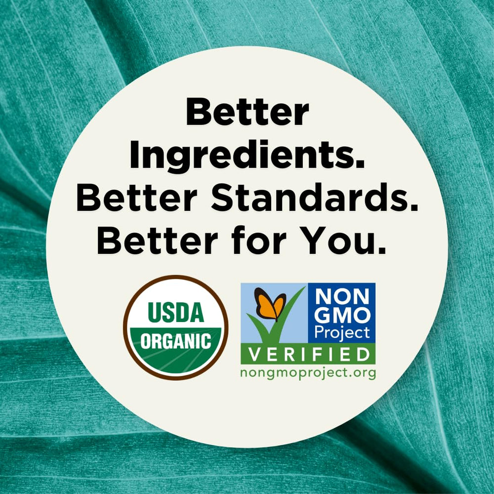 Product packaging visuals highlighting organic and non-GMO claims