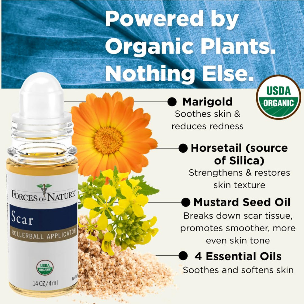 Close-up of organic ingredients in Forces Of Nature Scar Control