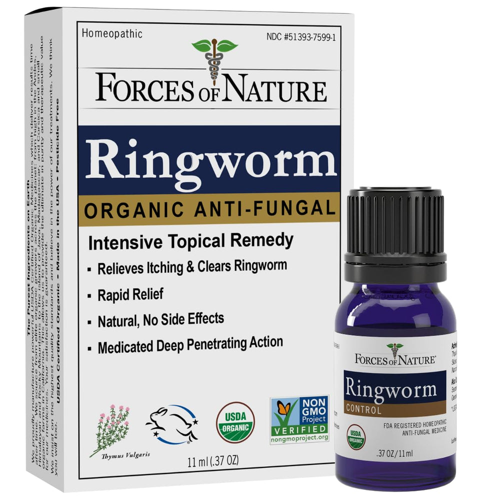 Forces of Nature Ringworm Treatment bottle shows a compact organic formula for on-the-go relief.