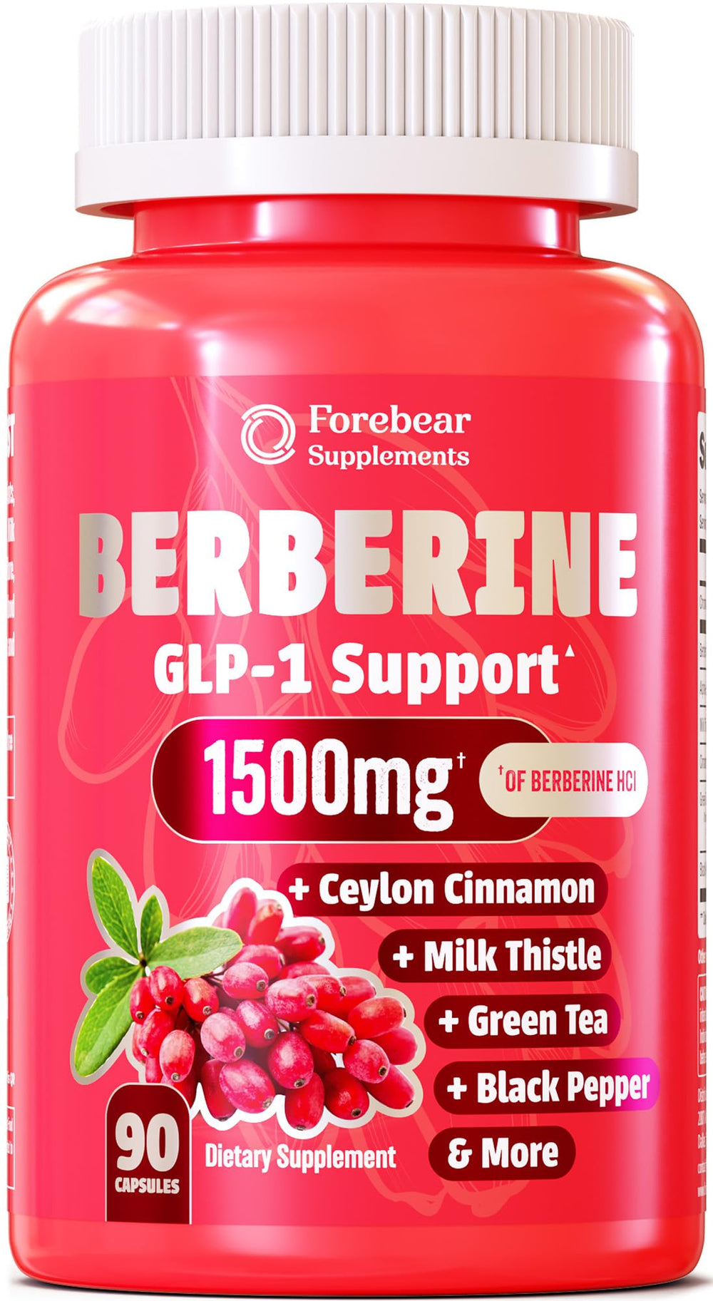 Forebear Berberine 1500mg bottle closeup showing premium vegan packaging for wellness
