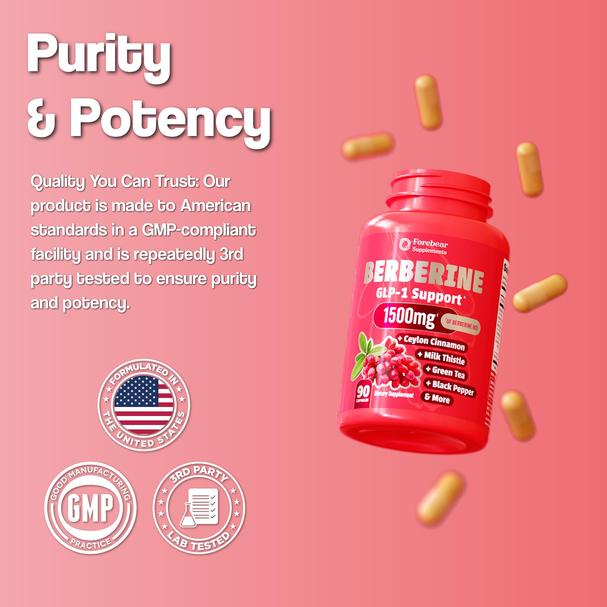 Forebear Berberine 1500mg bottle with glass suggests convenient hydration-friendly intake