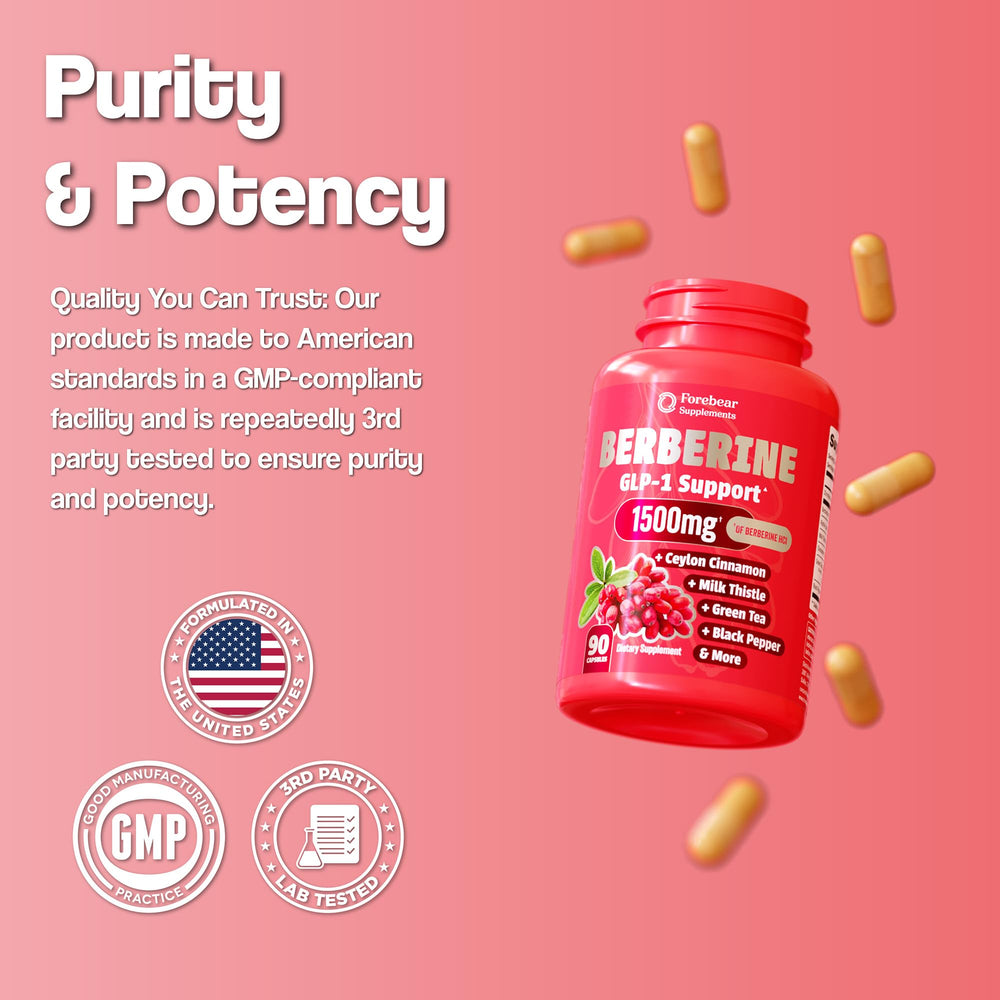 Forebear Berberine 1500mg bottle with glass suggests convenient hydration-friendly intake