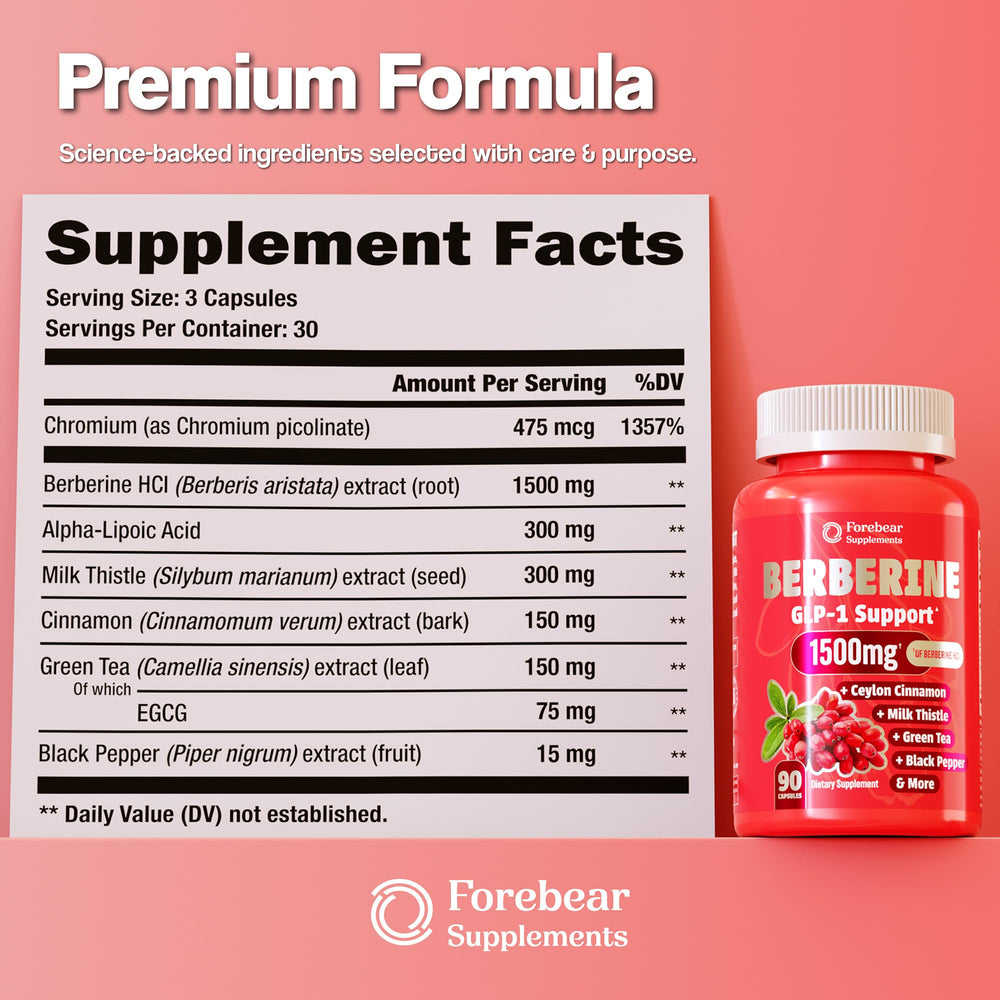 Forebear Berberine 1500mg capsules in container ideal for daily use