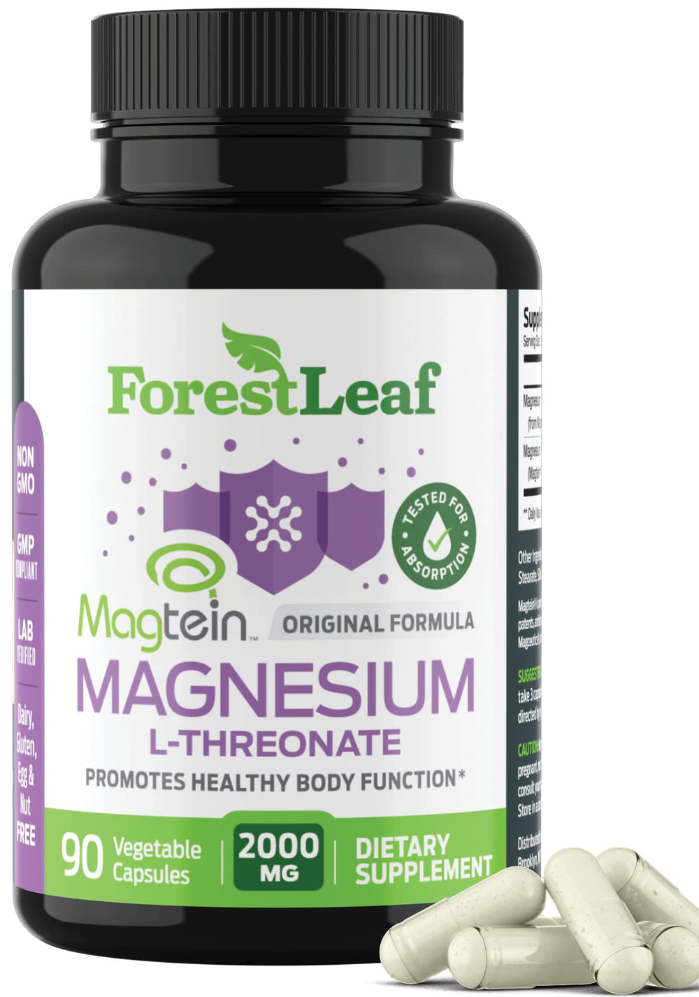 Vial closeup of ForestLeaf Magtein capsules illustrating simple intake for concentration.
