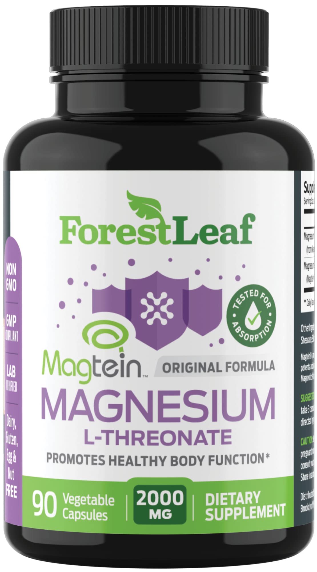 ForestLeaf Magtein capsules bottle shown for daily cognitive support and focus.
