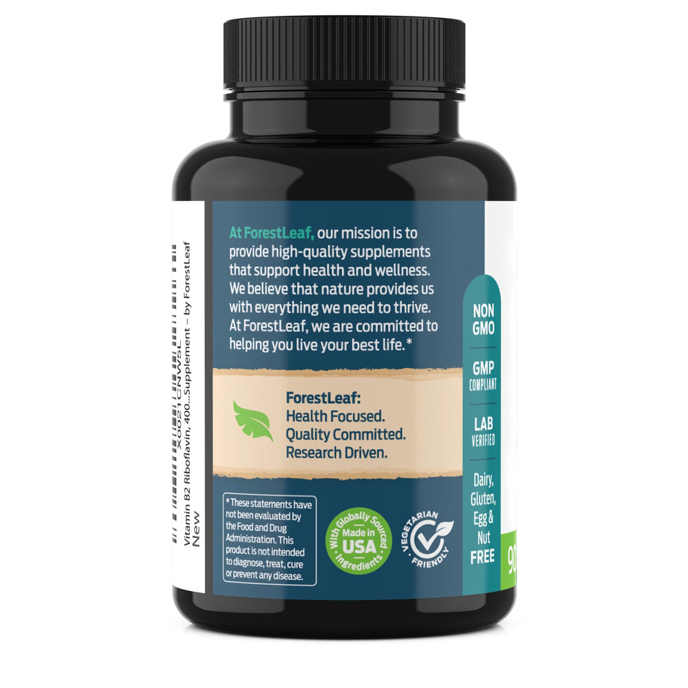 ForestLeaf riboflavin 400mg packaging highlights gluten-free and non-GMO.
