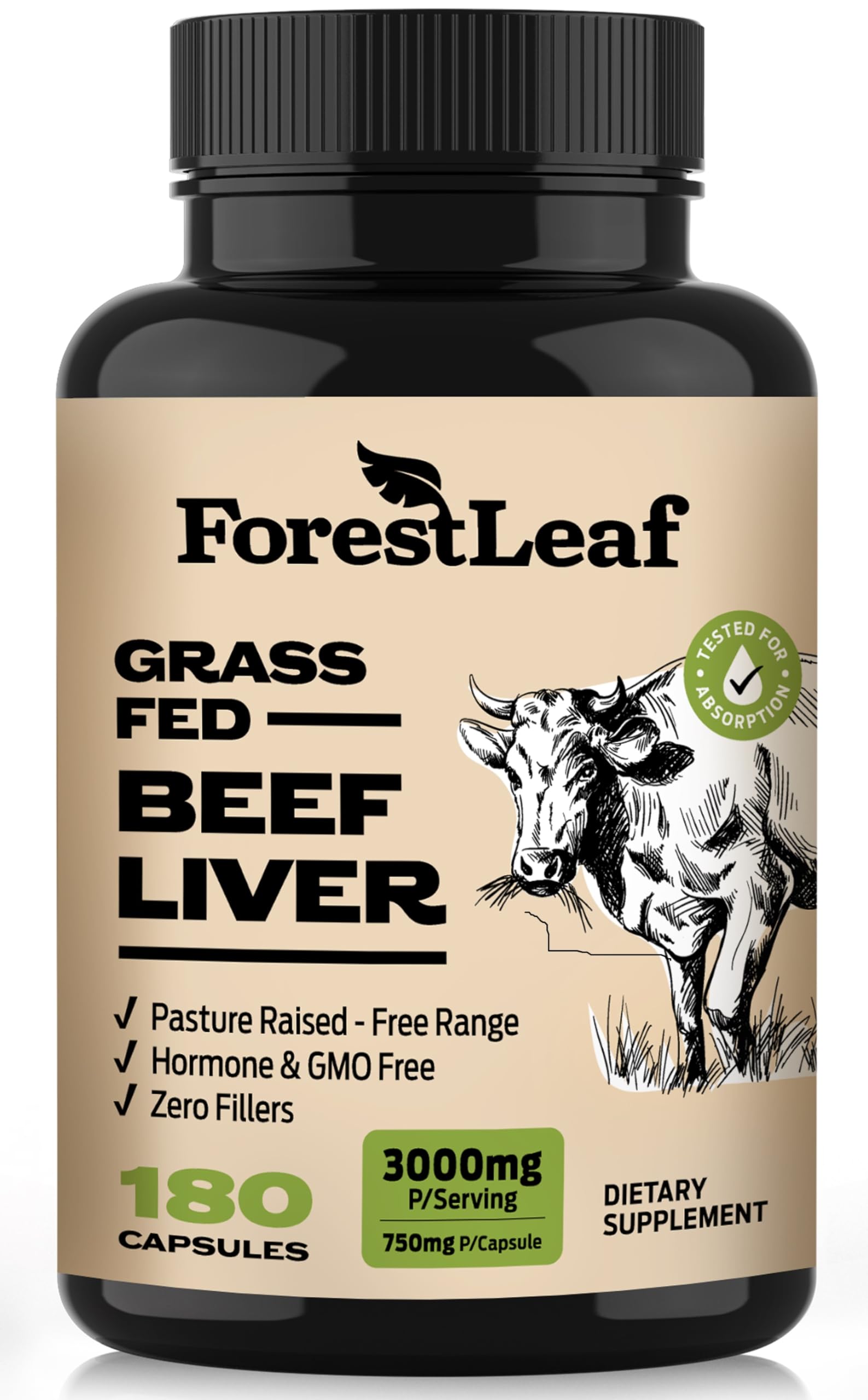ForestLeaf Beef Organ Supplement bottle label, 180-count, for daily vitality