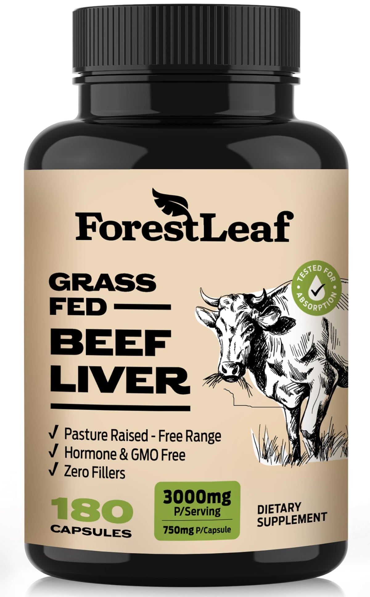 ForestLeaf Beef Organ Supplement bottle label, 180-count, for daily vitality