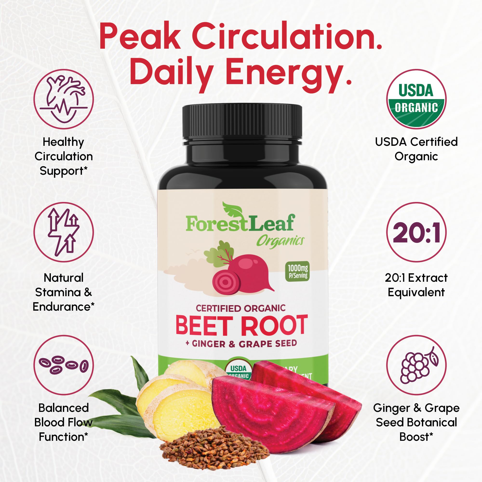 ForestLeaf Beetroot Capsules bottle back—USDA Organic seal and vegan-friendly formula.