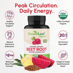 ForestLeaf Beetroot Capsules bottle back—USDA Organic seal and vegan-friendly formula.