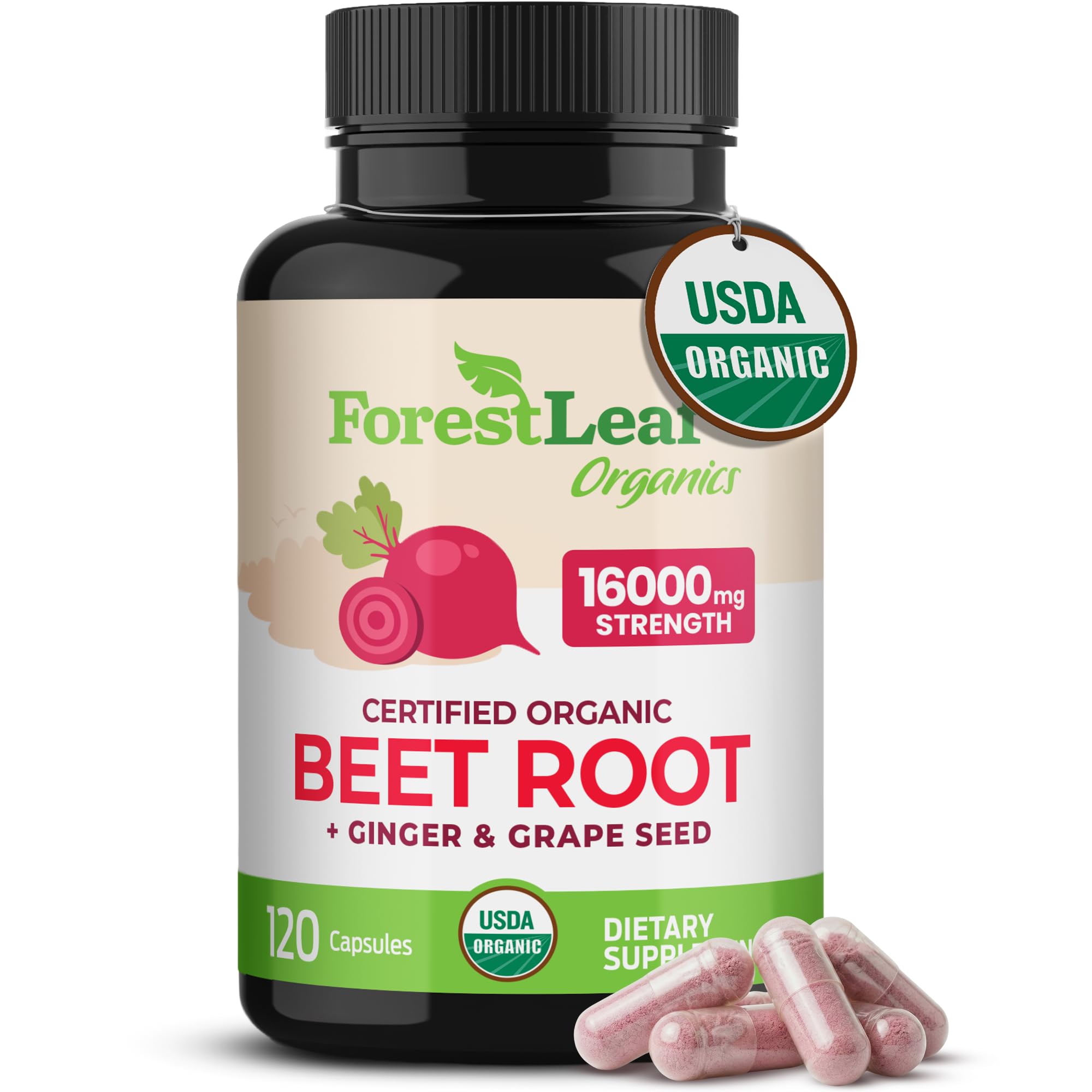 ForestLeaf Beetroot Capsules bottle front—certified organic formula for daily circulation support.
