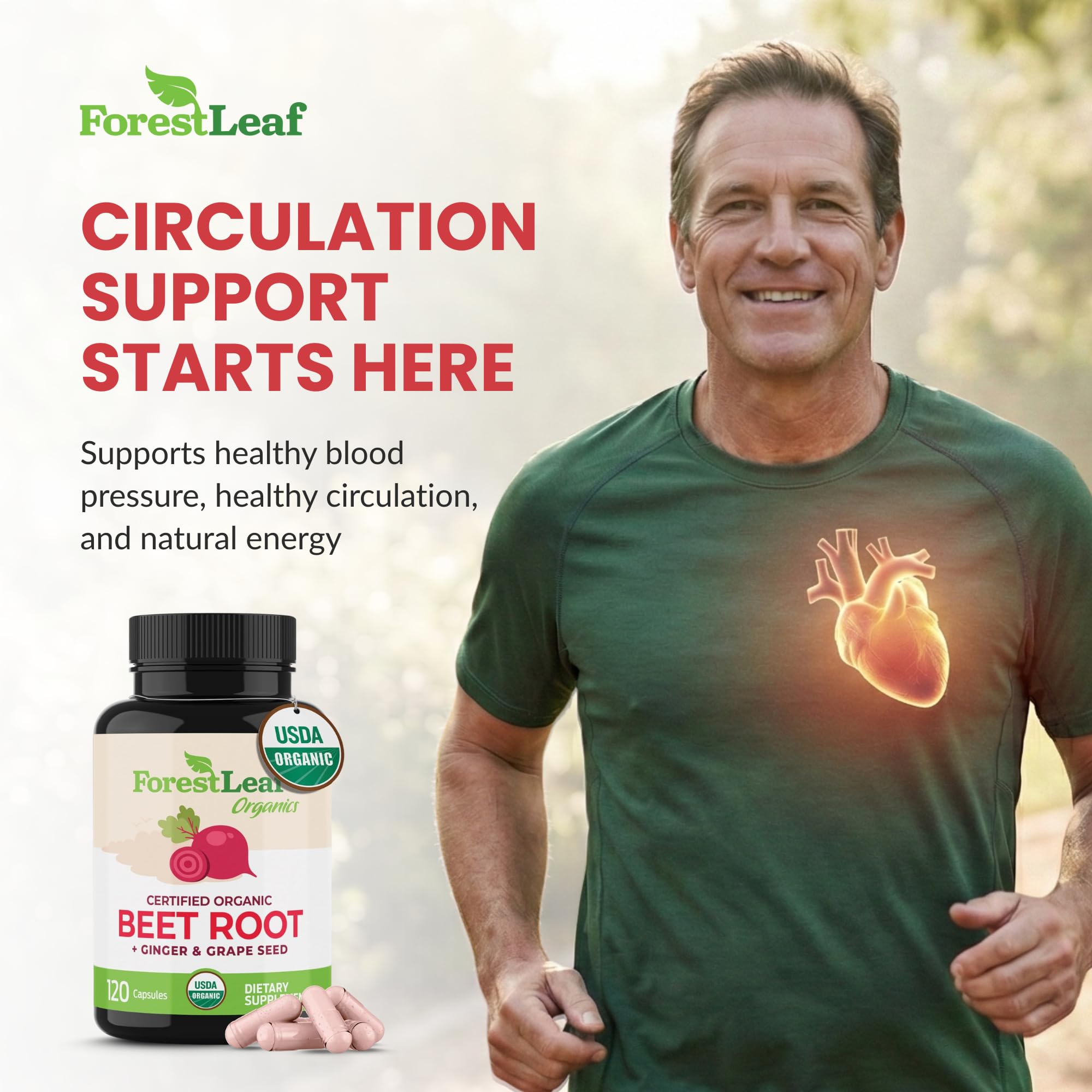 ForestLeaf Beetroot Capsules organic label—made in the USA with third-party tested potency.