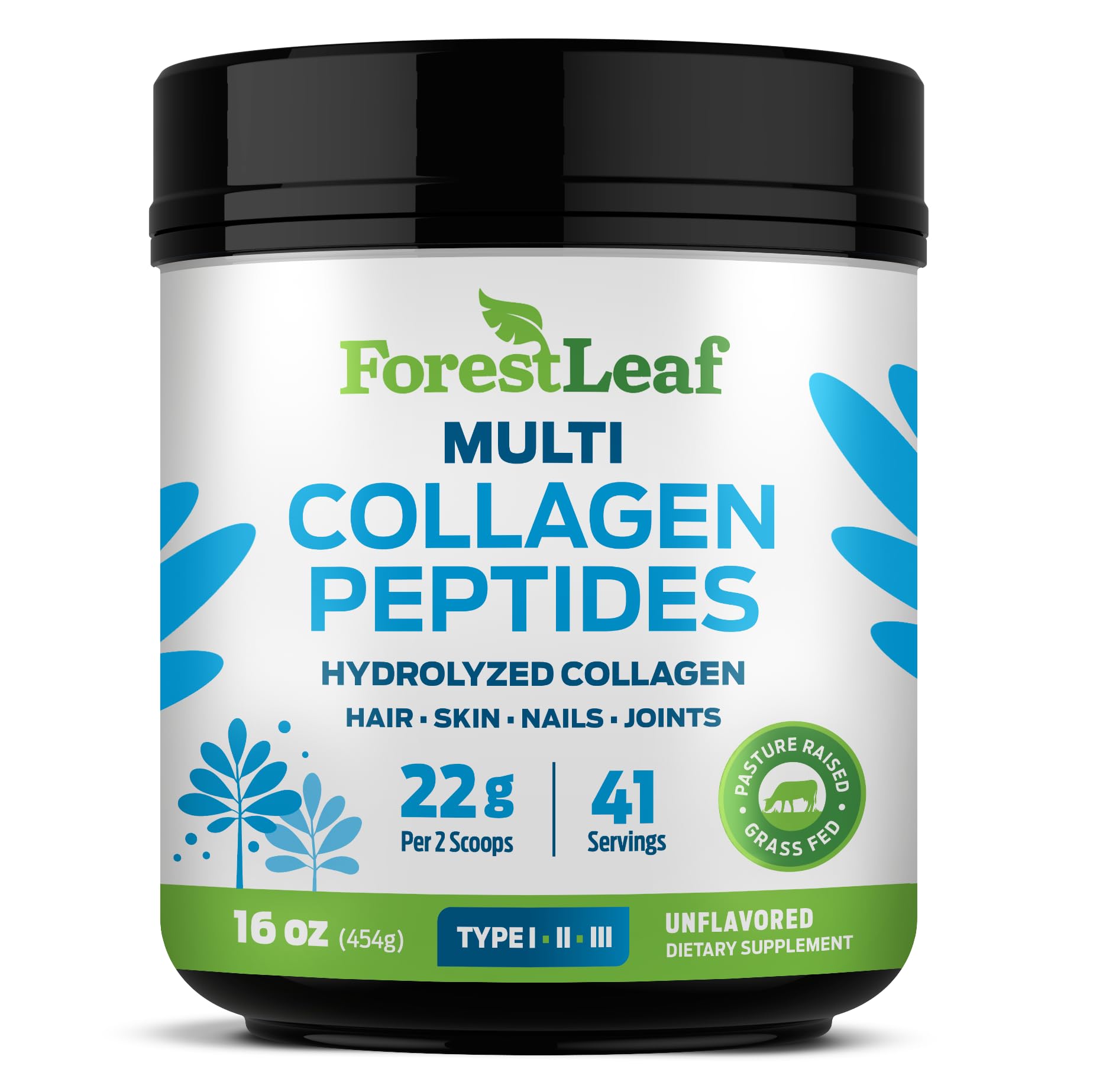 ForestLeaf collagen powder bottle unflavored, easy mix-in into smoothies for daily use.