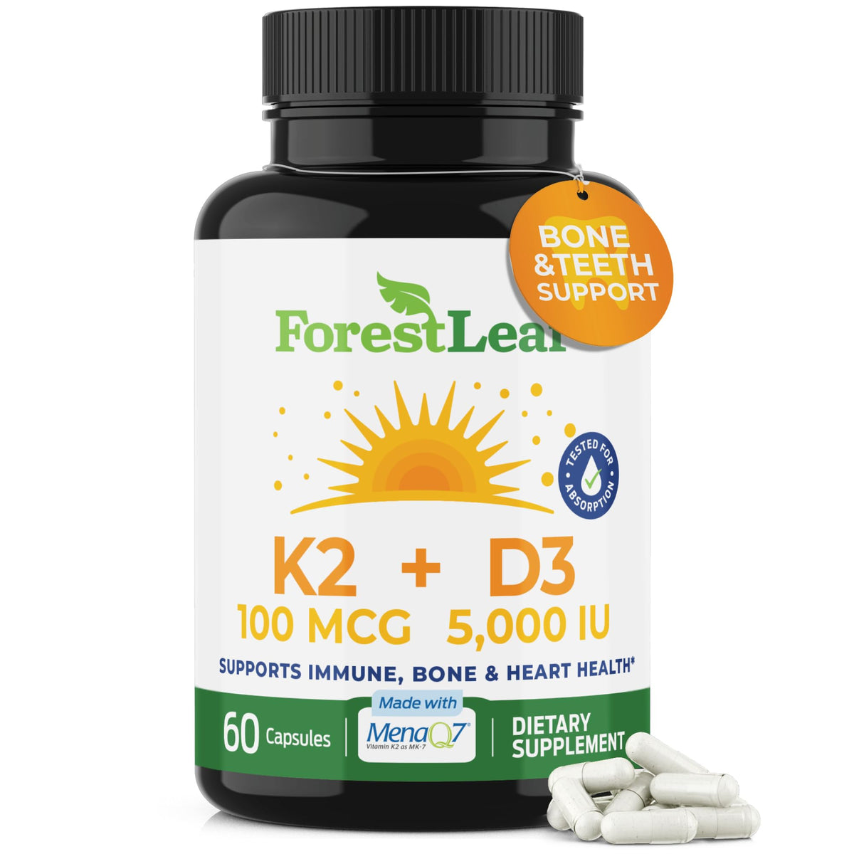 ForestLeaf Vitamin D3 + K2 bottle front supports bone health and easy daily use.
