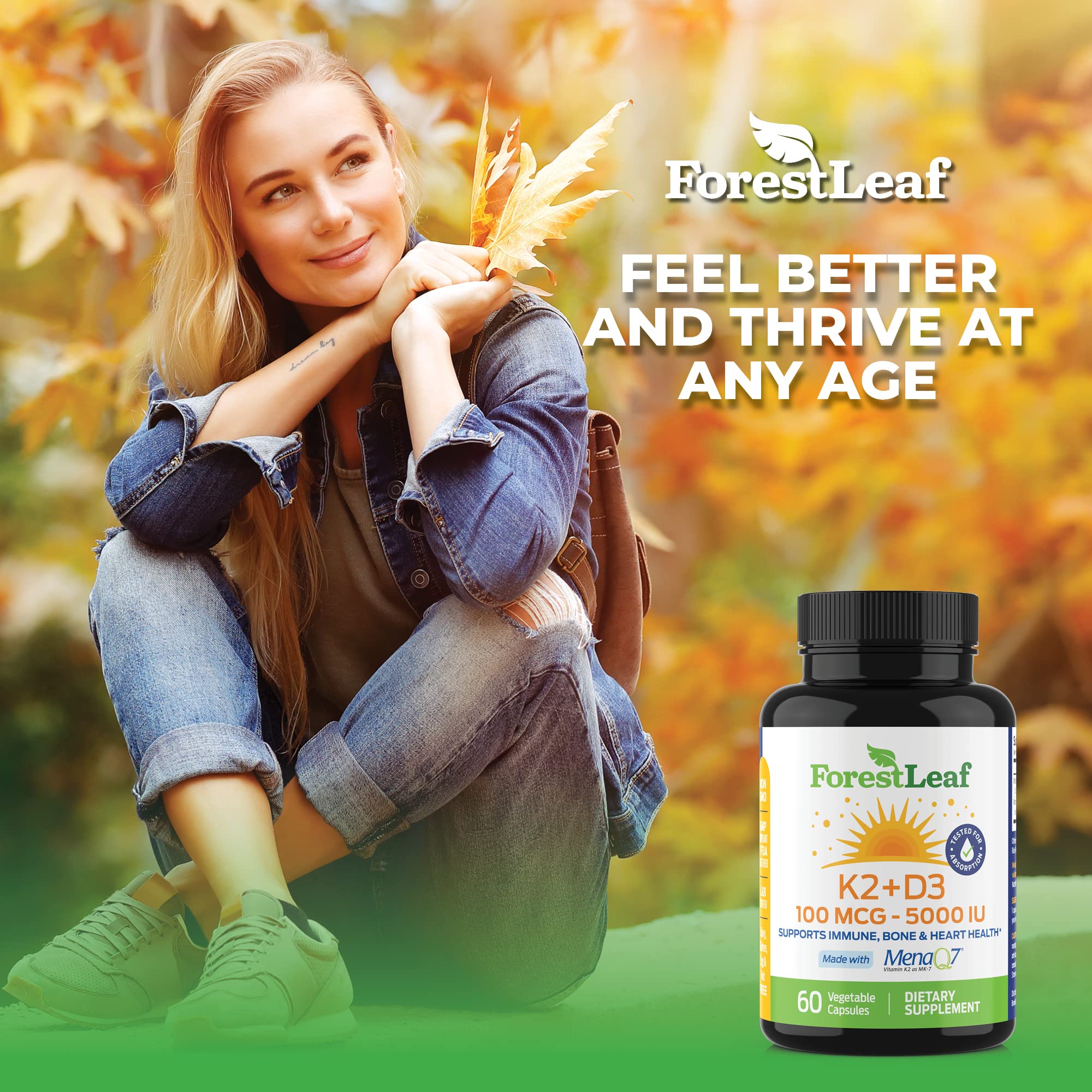 ForestLeaf D3 + K2 bottle beside glass hints at immune support habits.