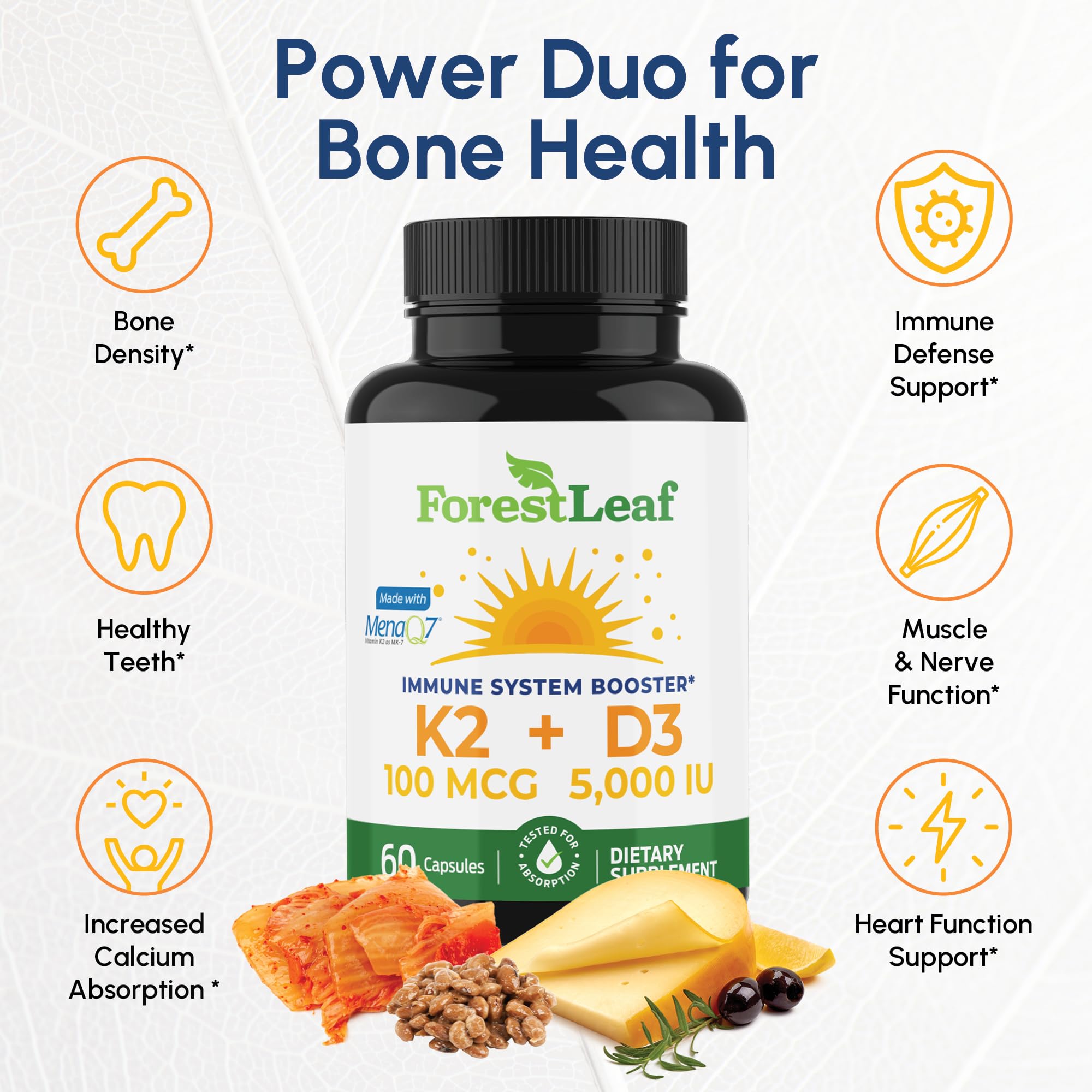 ForestLeaf D3 + K2 label detail highlights MenaQ7 for bone health.