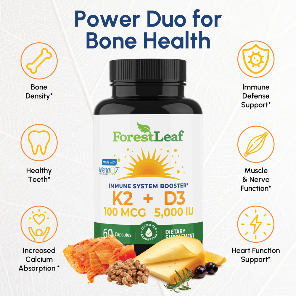 ForestLeaf D3 + K2 label detail highlights MenaQ7 for bone health.