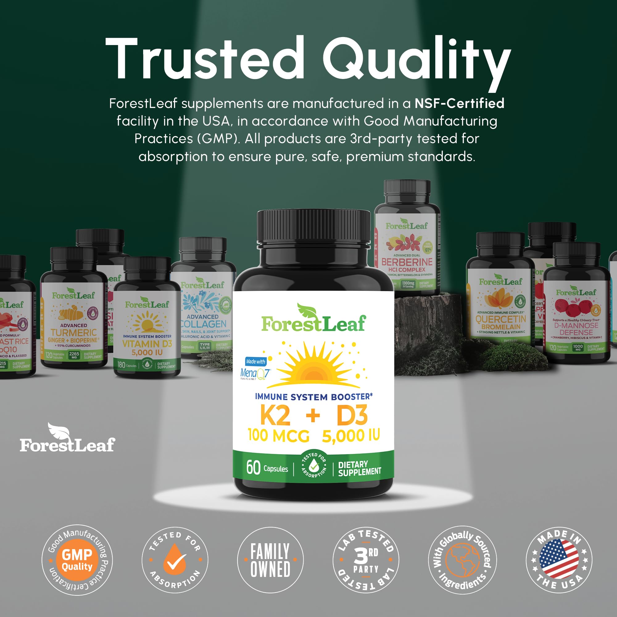 ForestLeaf D3 + K2 third-party testing seal confirms quality and safety.