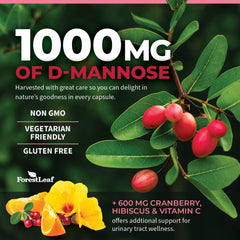 ForestLeaf D-Mannose bottle featuring hibiscus artwork and vitamin C context.