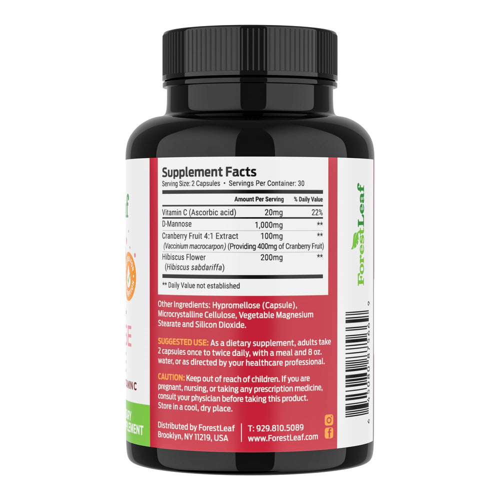 ForestLeaf D-Mannose 60-capsule bottle with non-GMO label.