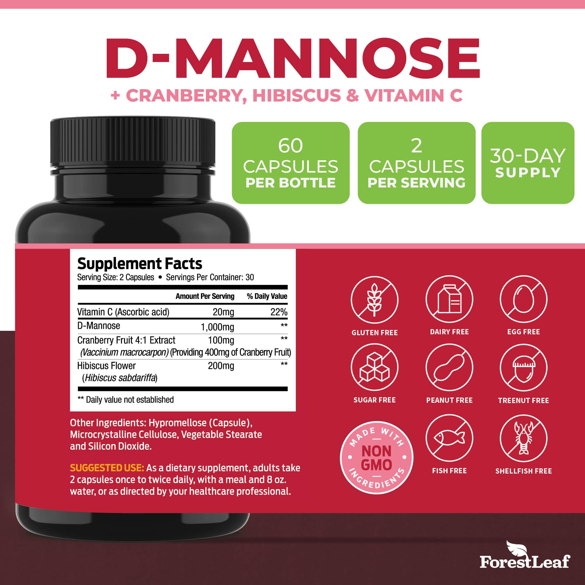 ForestLeaf D-Mannose capsules close-up showing veggie capsules.