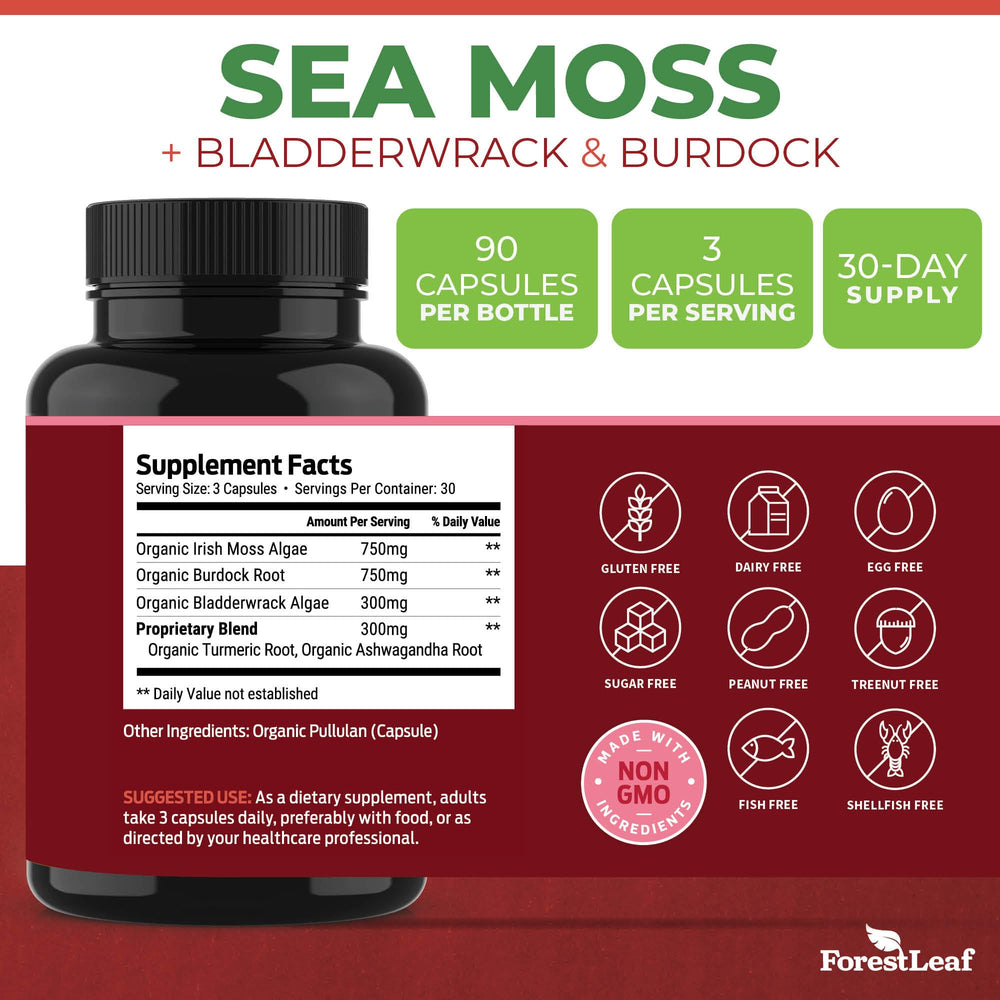 ForestLeaf label details highlight organic certification and sea moss blend