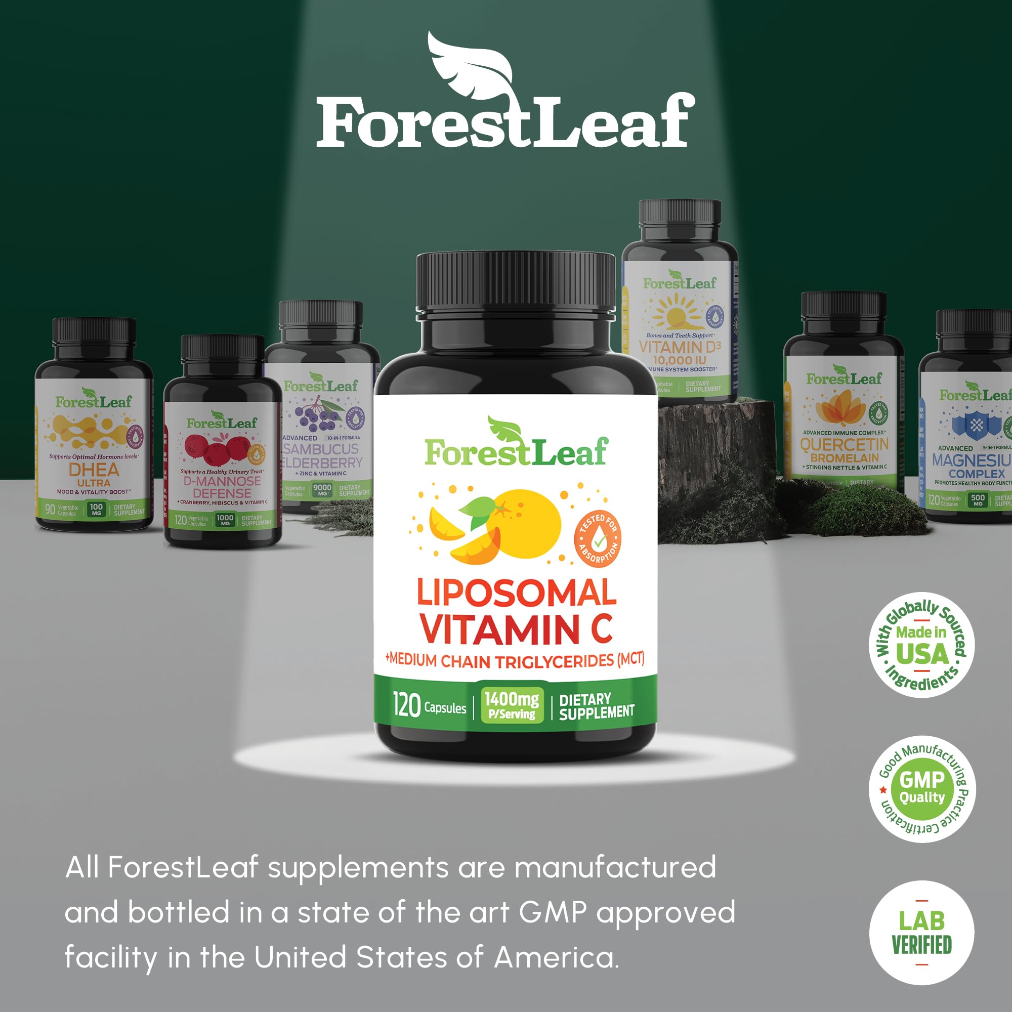 ForestLeaf Liposomal Vitamin C 1000mg lab testing badge indicates potency