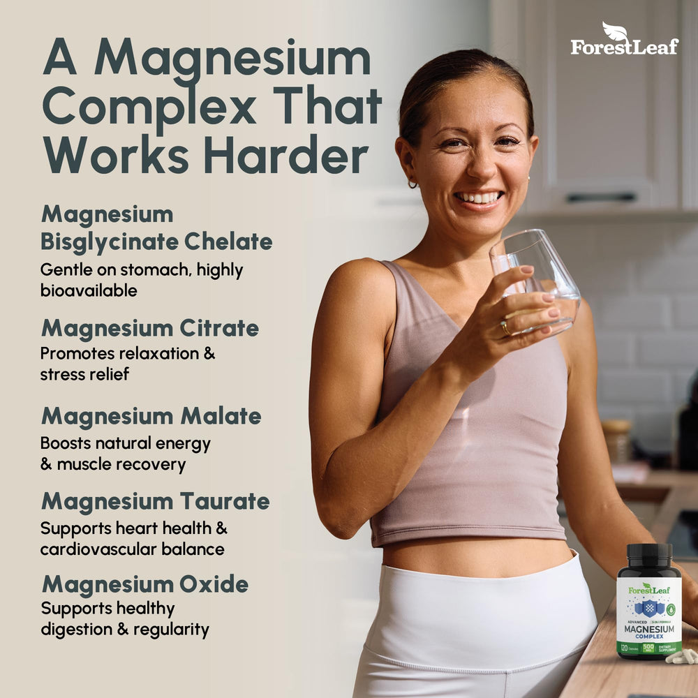 ForestLeaf Magnesium Complex bottle back shows ingredients and serving guidance.