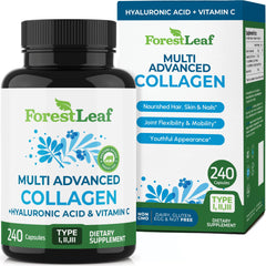 ForestLeaf Multi Collagen pills bottle shown for skin, hair, and nails support.