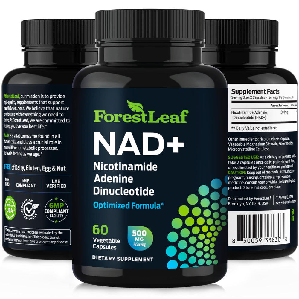 ForestLeaf NAD+ inner pack shot with bottle.