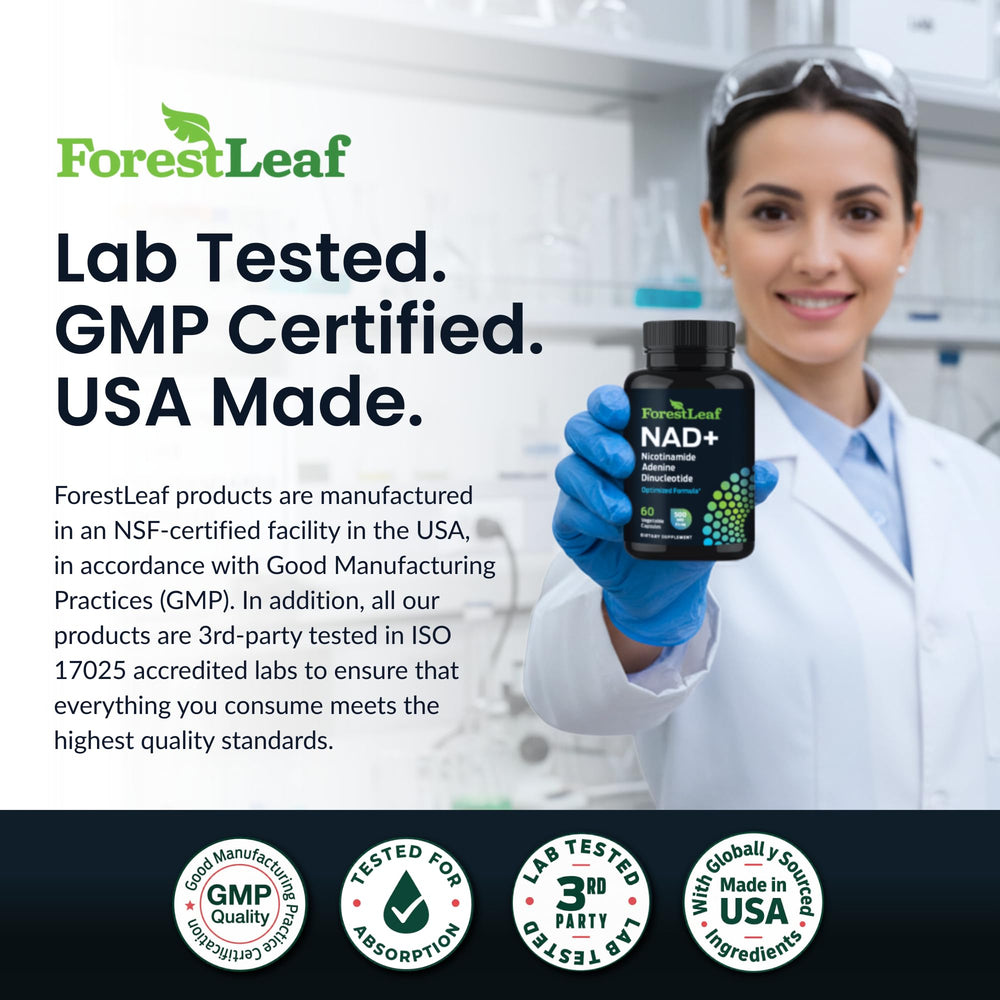 ForestLeaf NAD+ manufactured in USA in GMP facility.