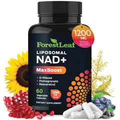 ForestLeaf NAD+ Resveratrol capsules bottle for daily energy and focus.