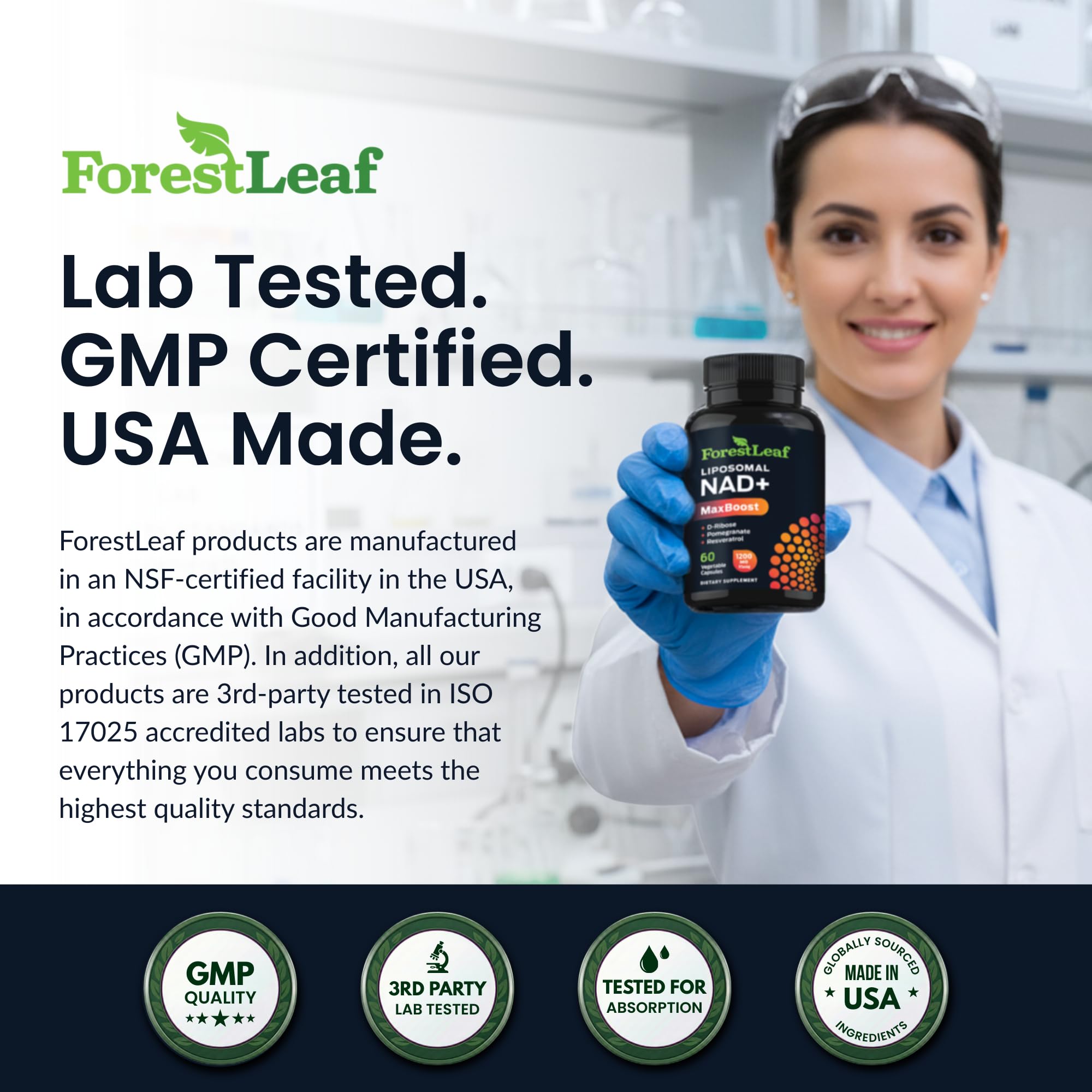 ForestLeaf NAD+ Resveratrol bottle label detailing NAD+ delivery.