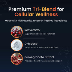 ForestLeaf NAD+ Resveratrol capsules with D-Ribose shown near supplement facts panel.