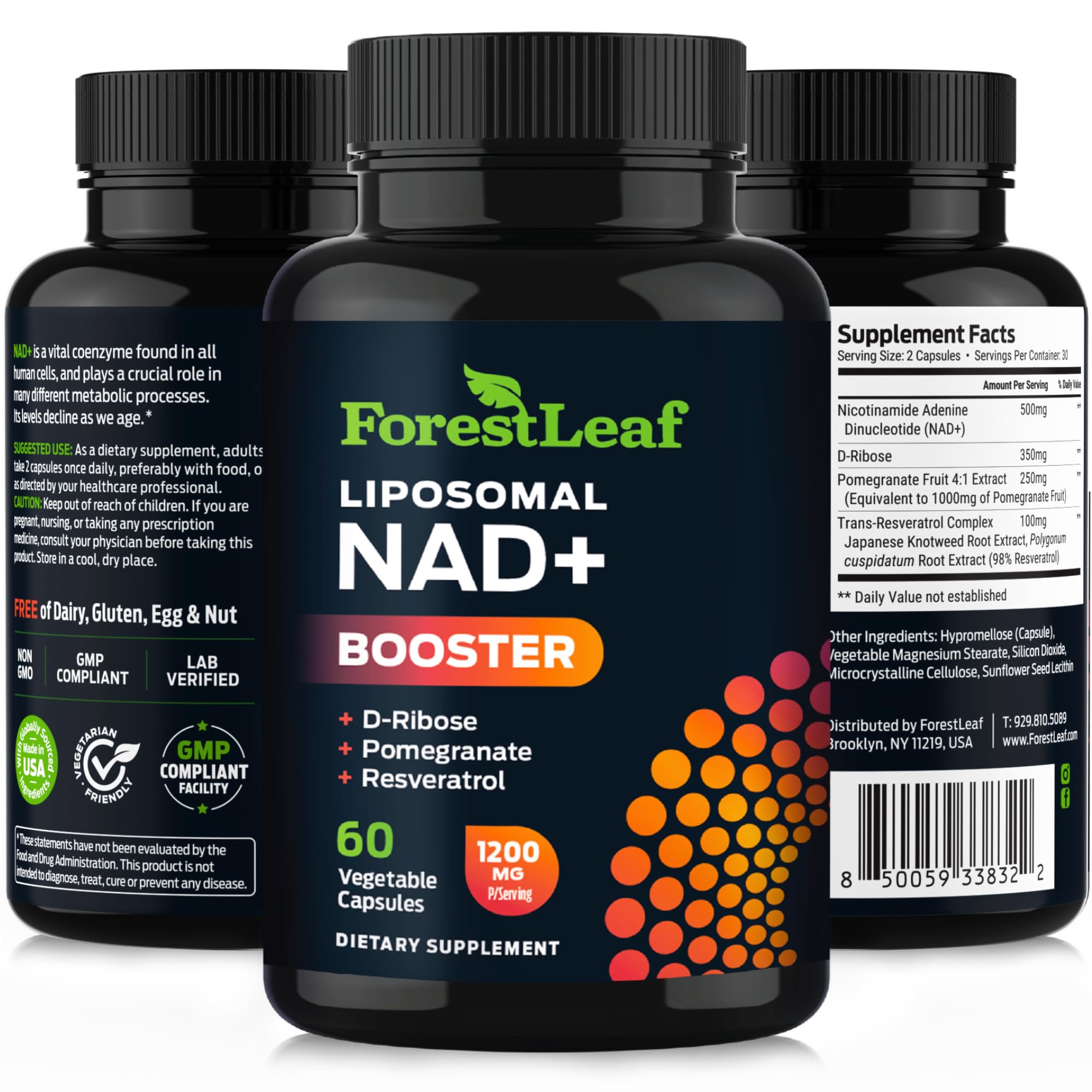ForestLeaf NAD+ Resveratrol capsules image emphasizing purity and potency.