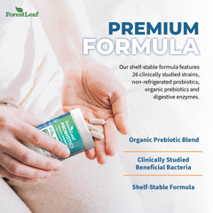ForestLeaf organic prebiotics with delayed-release capsules delivering gut nourishment.
