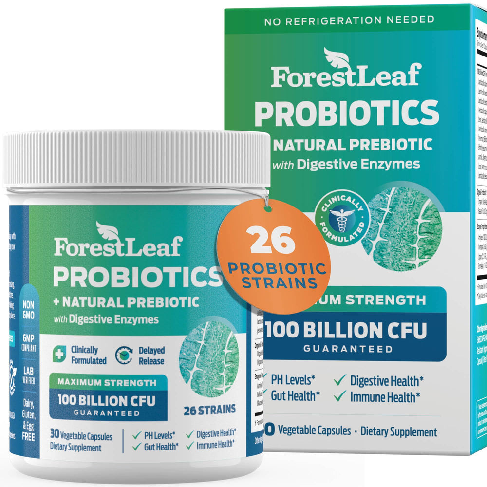 ForestLeaf probiotics bottle with 100B CFU for daily gut balance and energy.