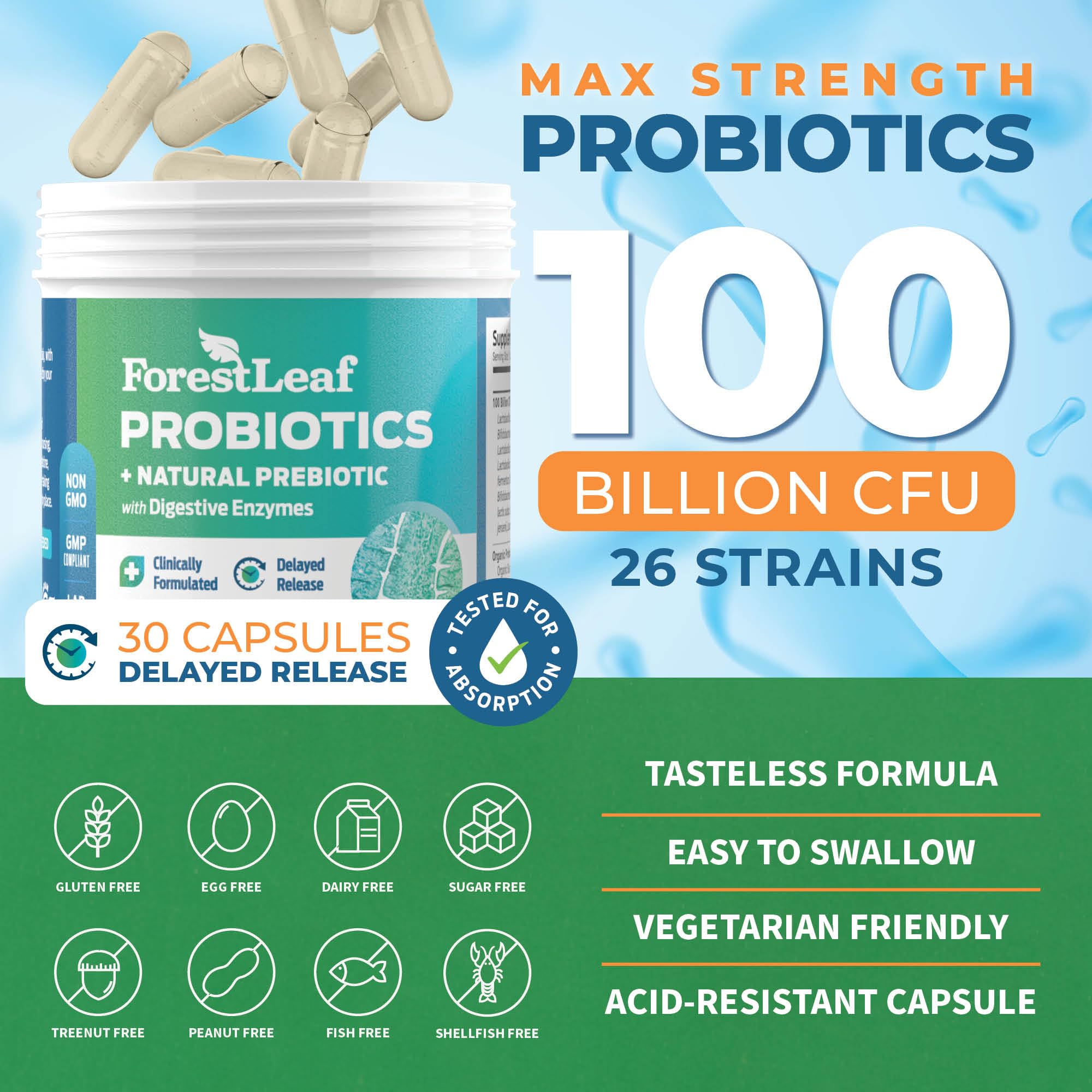 ForestLeaf probiotics bottle featuring 26 strains for broad gut support.