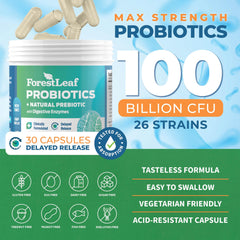 ForestLeaf probiotics bottle featuring 26 strains for broad gut support.